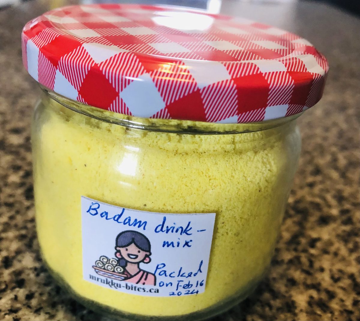 Badam almond drink mix in a glass jar