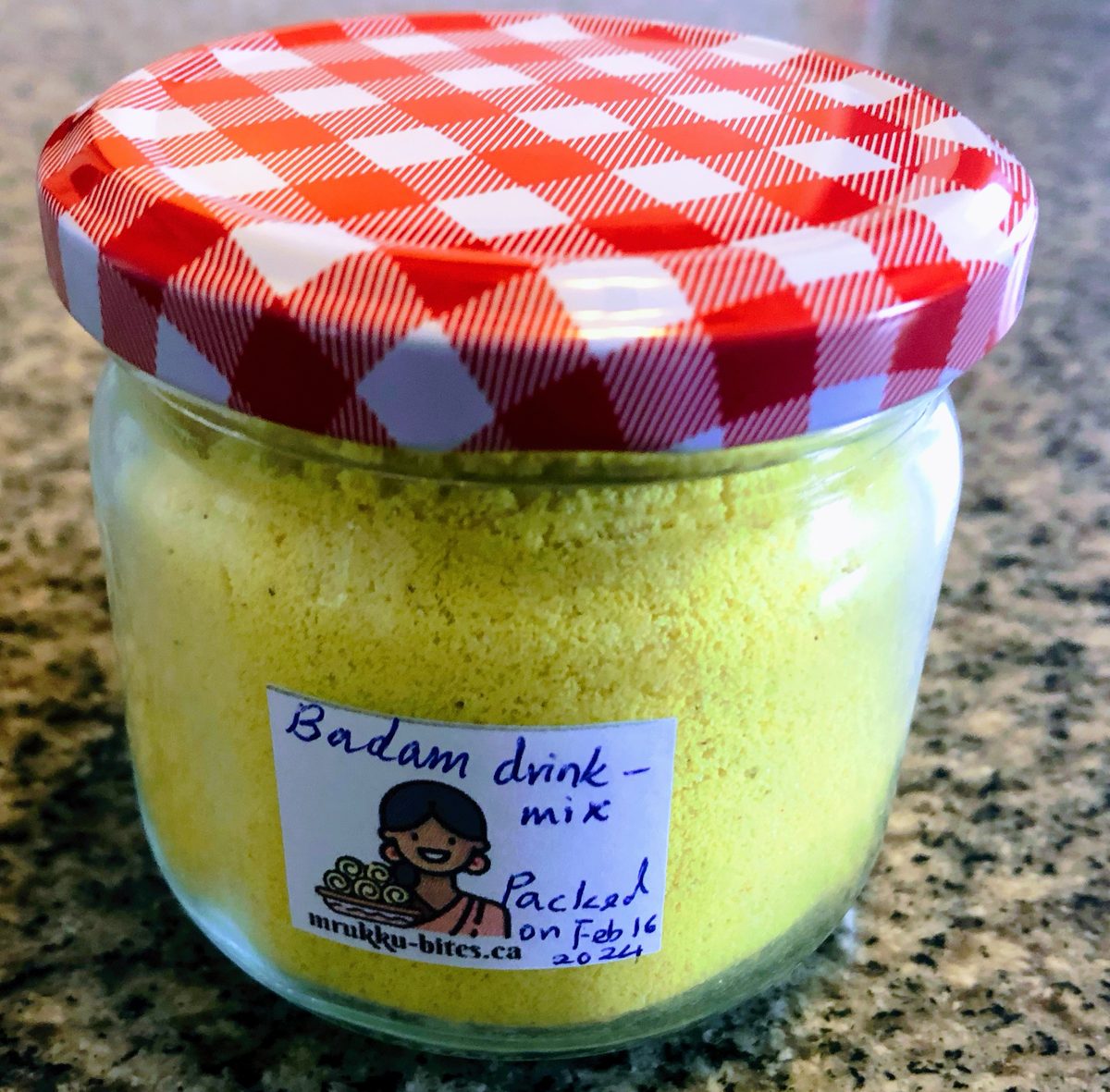Close-up of badam almond drink mix in a glass jar