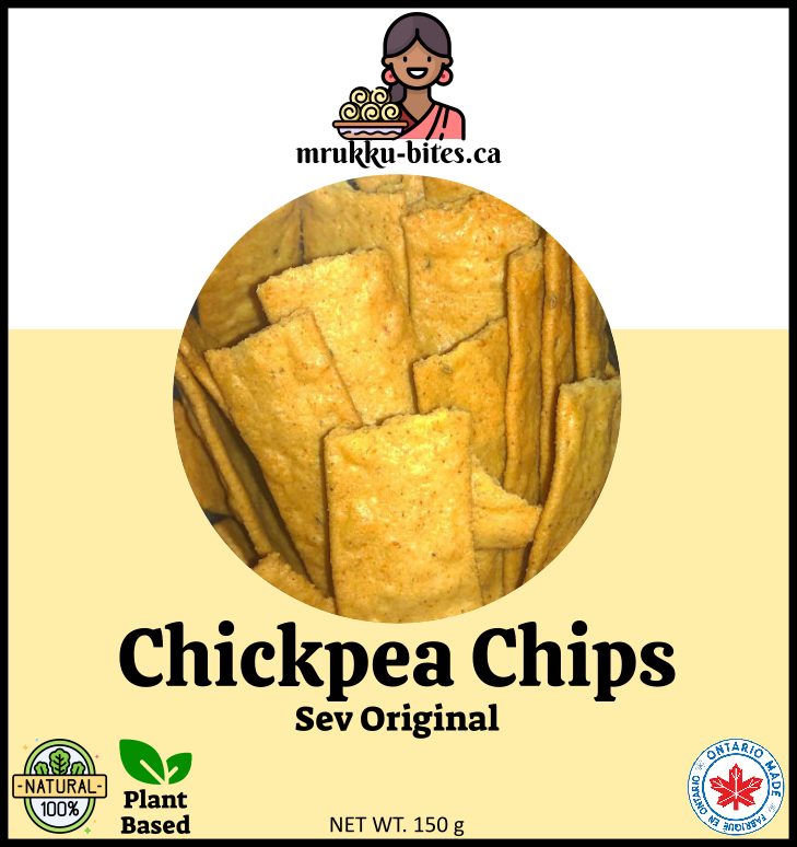 Front of a Mrukku Bites Chickpea Chips Sev Original package