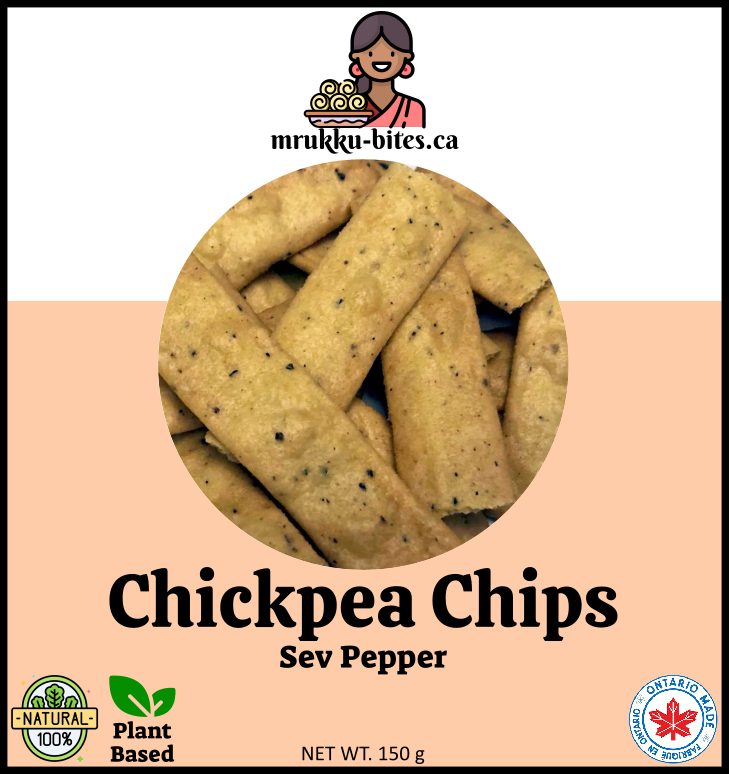 Front of a Mrukku Bites Chickpea Chips Sev Pepper package