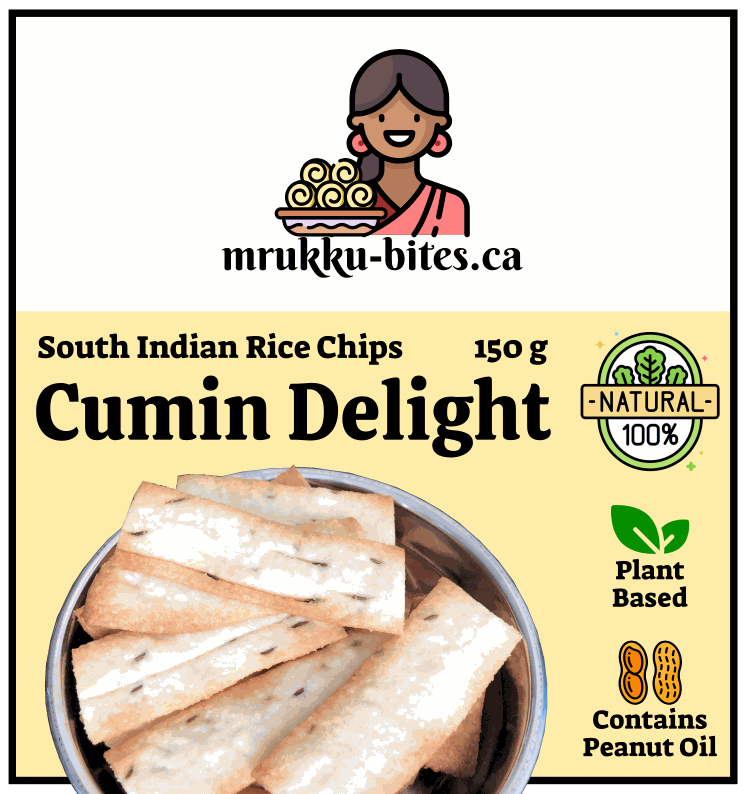 Front of a Mrukku Bites South Indian Rice Chips Cumin Delight package