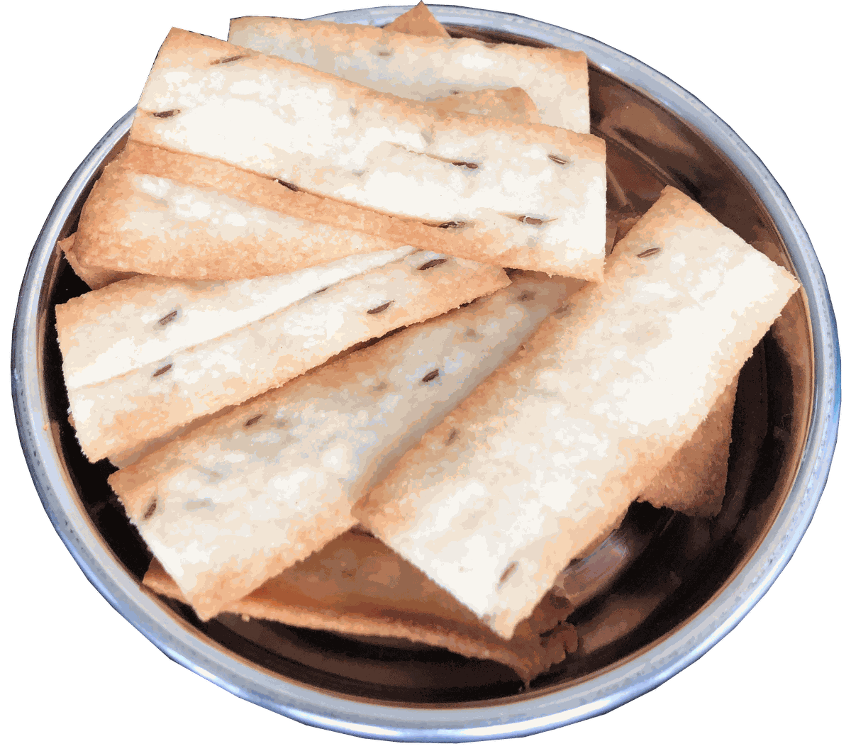 Cumin Delight rice chips served on a small white plate